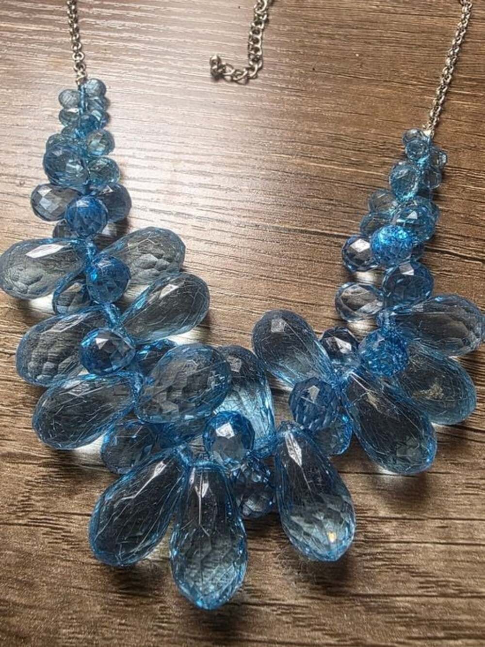 Silver Blue Teardrop Bead Bib Statement Necklace - Picture 3 of 6